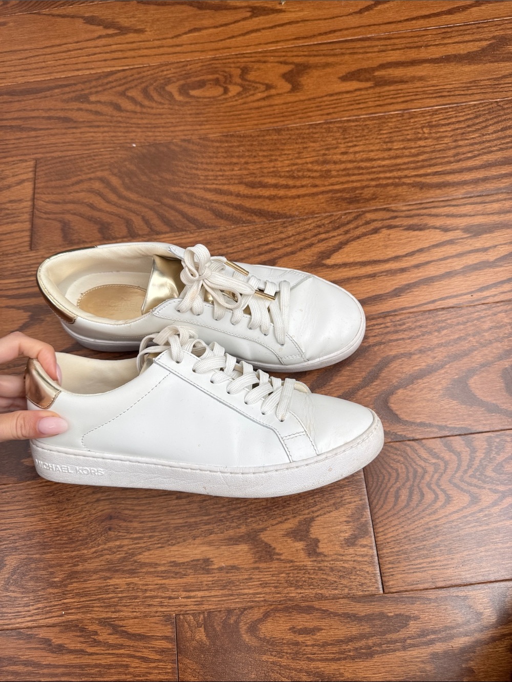 Michael Kors White Leather Low-Top Sneakers with Gold Heel Accent